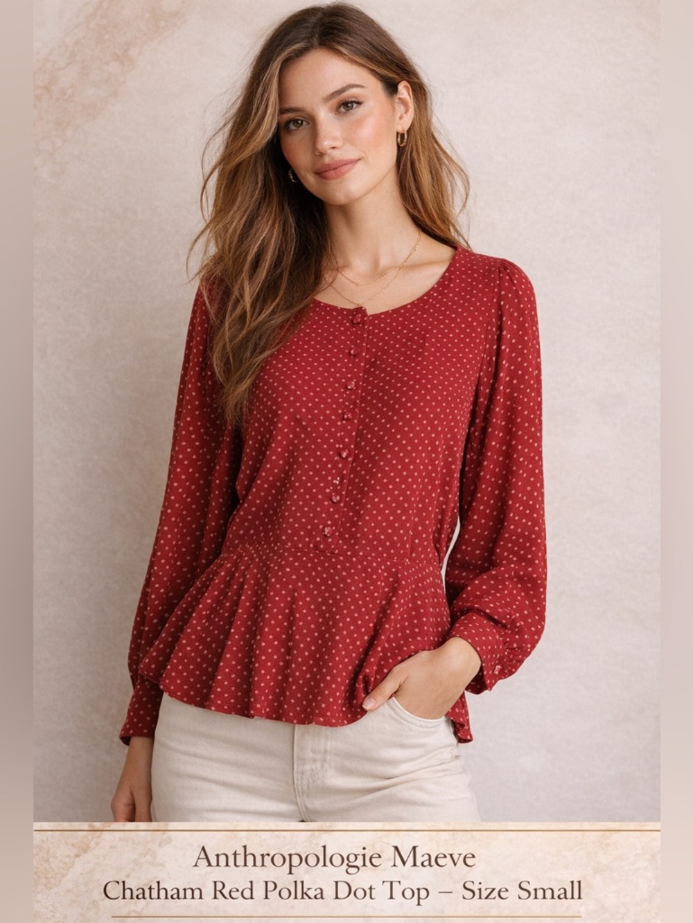 Maeve Anthropologie Red Polka Dot Peplum Button-Front Blouse